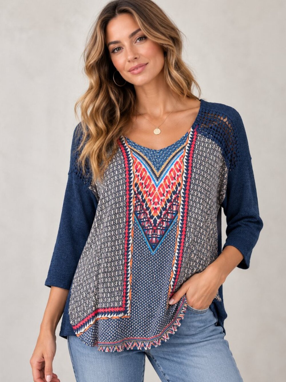 Blue boho tunic top vibrant geometric front panel and crotchet shoulders